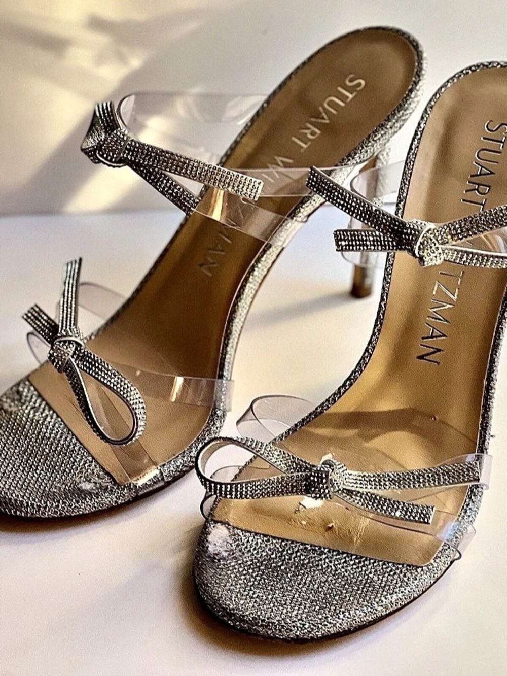 Stuart Weitzman SW Bow 100 Slide Crystal Bow Heels Silver US 8